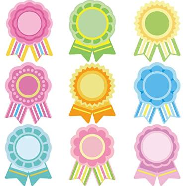 Imagem de 54 peças recortes de flores fita de papel prêmio sala de aula decorações de flores flores de papel para quadro de avisos recortes de prêmio de fita para quadro de avisos decorações de festa escolar prêmio infantil, 9 cores