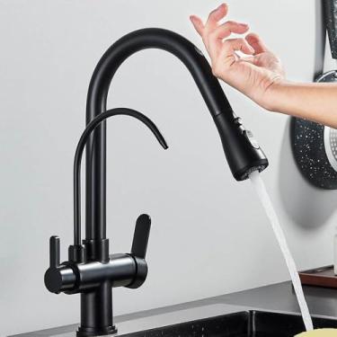 Imagem de Filtro de sensor de toque Torneira de cozinha de água 2 em 1 Preto Coloque para fora Torneiras de pia de dois modos para cozinha Torneira misturadora de água pura, Preto fosco