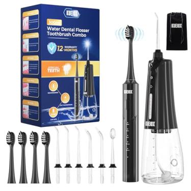 Imagem de KUEIOX Escova de dentes elétrica com irrigador bucal sem fio, irrigador bucal portátil de 320 ml para dentes com 5 modos e 6 pontas de jato e IPX7 à prova d'água para limpeza de dentes e fio dental