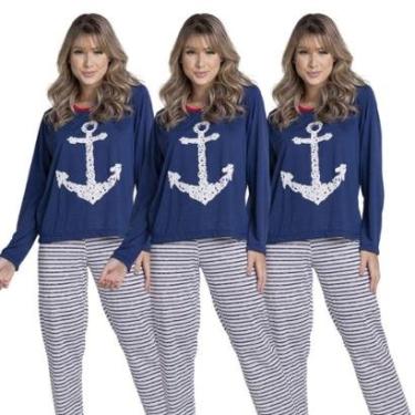 Imagem de KIT 3 Pijama Longo Malha Estampa Âncora Serra e Mar Modas Roupa Para Inverno Linha Noite-Feminino