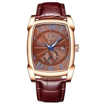 Imagem de Gosasa Relógio masculino clássico retrô vintage pulseira de couro negócios luminoso à prova d'água quadrado quartzo relógio de pulso masculino calendário algarismos romanos, Marrom, ouro rosa,