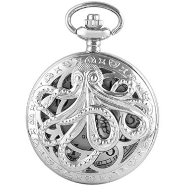 Imagem de Dentily Relógio de bolso vintage polvo oco de quartzo steampunk preto com corrente de colar, CF1173-prata, relógio de bolso