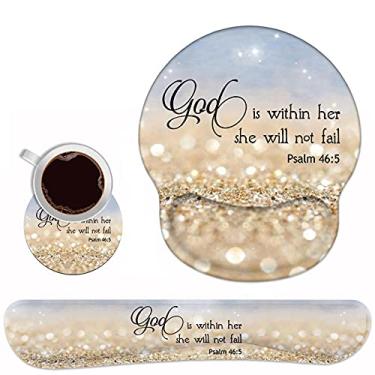 Imagem de Apoio de pulso para teclado e mouse pad descanso de pulso conjunto com porta-copos, base de poliuretano antiderrapante para jogos e escritório, confortável e leve para facilitar a digitação e alívio da dor - citação de versículos da Bíblia Salmo 46:5