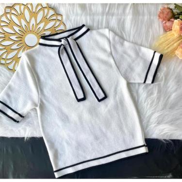 Imagem de Blusa Camisa Feminina Básica Com Listra Preta E Branca Manga Curta Gol