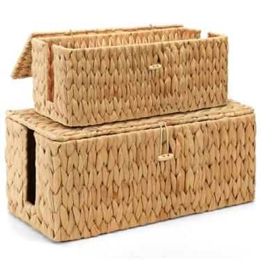 Imagem de Posprica Caixa De Gerenciamento De Cabos Com Tampa, Pacote Com 2 Caixas Organizadoras De Esconder Cabos De Jacinto D'Água Tecidas À Mão, 2 Compartimentos Laterais Abertos, Caixa De Armazenamento Par