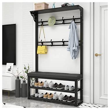 Imagem de Banco de entrada com cabideiro, sapateira, corredor, árvore, com prateleiras de armazenamento de 2 camadas, design industrial 4 em 1, com almofada de assento com ganchos para casacos, chapéus