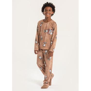 Imagem de Pijama Longo Infantil Menino Marrom Blusa e Calça Ursinho com Boné - M