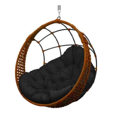 Imagem de Cadeira Balanço Ninho Suspenso Em Corda Náutica Luxo Ocre/preto