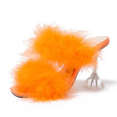 Imagem de Sandália feminina de salto alto transparente com bico quadrado, salto alto, duas faixas de penas fofas, chinelos de festa e formatura, Laranja, 36