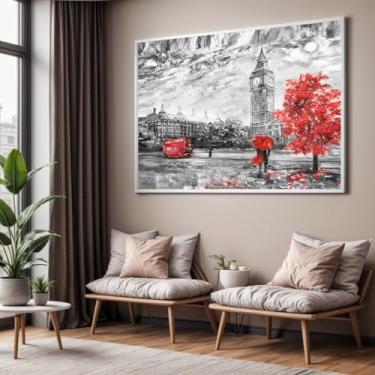 Imagem de Quadro com Moldura Sala Quarto 90x60 Londres Arte Preto Branco Vermelho Decorativo Horizontal Grande Hall