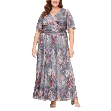 Imagem de S.L. Fashions Vestido feminino longo evasê para mãe da noiva com cintura franzida (tamanho grande), Azul, rosa, floral, 48