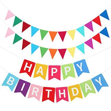 Imagem de Banner de aniversário colorido feliz aniversário guirlanda de bandeiras, 2 bandeiras de galhardete de tecido de feltro cores sortidas penduradas para festas de feliz aniversário decorações de festa (cor arco-ír)