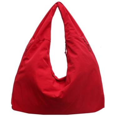 Imagem de Bolsa de mão folgada 2025 Nylon sólida plissada bolsa masculina feminina ombro grande viagem academia deslocamento Hobo fim de semana férias, Vermelho