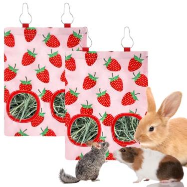 Imagem de JarThenaAMCS 2 unidades de saco de alimentação de feno de coelho com 2 furos rosa morango porquinho-da-índia pendurado saco de alimentação de feno dispensador de armazenamento para chinchila hamster