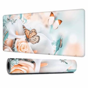 Imagem de Y YIHANGBEST Tapete de mouse pad borboleta com rosas amarelas e lírios brancos grande para jogos, para mesa, computador, escritório, 90 x 40 cm