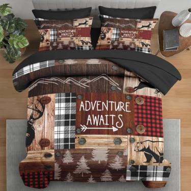 Imagem de Pamnest Jogo de cama king size, urso de madeira, veado, animal, 7 peças, vintage, xadrez, aventura, marrom, com elástico, 2 fronhas e 2 fronhas para decoração de quarto