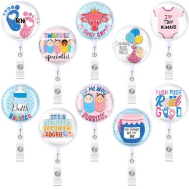 Imagem de Blosssound 10 peças engraçadas carretéis de crachá de enfermeira de parto e parto fofo clipe de identificação médico retrátil para médicos, hospitais, pediatria, obstetrícia, trabalhadores de