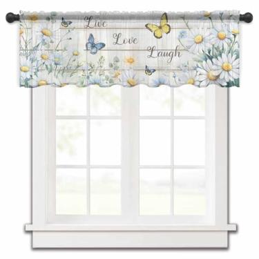 Imagem de Cortinas transparentes para janelas de cozinha, sanefas de janela de borboleta margarida de verão, flores de fazenda, madeira, transparente, tratamento de janela, sanefas para cozinha, quarto/banheiro