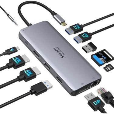 Imagem de Estação de ancoragem USB C com monitor duplo, estação de ancoragem de exibição tripla USB-C 12 em 1 para 4K HDMI + porta DP + 2 USB 3.0 + 2.0 + SD/TF+PD+Ethernet+3,5 mm de áudio compatível com laptop Dell/HP/Lenovo