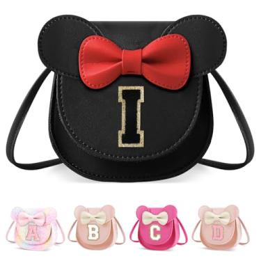 Imagem de XSUIOY Bolsa infantil para meninas, presente de aniversário para crianças, bolsa infantil com inicial personalizada, lindo laço de orelha, presente de menina, Pequeno-preto-preto, I, I