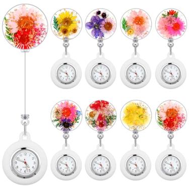 Imagem de Fullhawl 8 peças de relógio retrátil de enfermeira para enfermeira médica, presente de agradecimento, clipe no relógio de lapela, broche de decoração, carretel de crachá, Multicor, Flores frescas