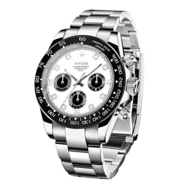 Imagem de WWOOR Relógio masculino analógico de quartzo, cronógrafo, aço inoxidável, luminoso, masculino, negócios, trabalho, esporte, casual, vestido elegante, presentes para homens, 8849 branco/prata, Medium,