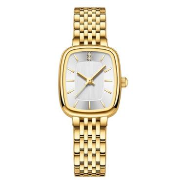 Imagem de BESTKANG Relógio feminino de luxo com mostrador de cristal e pulseira de aço inoxidável, à prova d'água 30 m, elegante relógio feminino (série GoddessMatch), Dourado, branco, Tendência