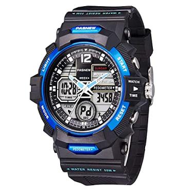 Imagem de PASNEW Relógio infantil multifunções digital-analógico esportivo à prova d'água para adolescentes meninas meninos preto azul, Preto + azul, esportes, multifuncional, lazer, uso diário, escalada de