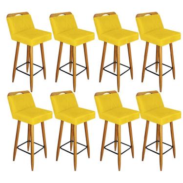 Imagem de Kit 08 Banqueta Alta C/ Encosto Lith Para Pé Palito Castanho Suede Amarelo