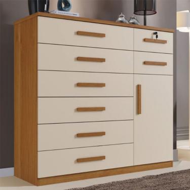 Imagem de Cômoda Vitoria 1 Porta E 8 Gavetas Plus Com Escala De Brilho Em Fosco Benetil Cinamomo Com Off White