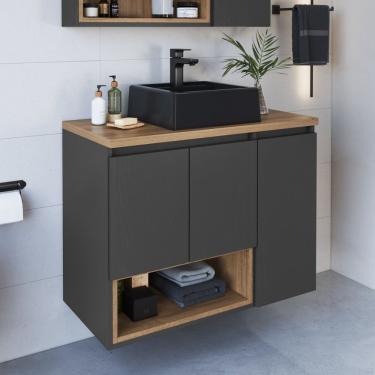 Imagem de Gabinete De Banheiro Suspenso 80cm Cecília Com 3 Portas E 1 Nicho Com Cuba Mel/grafite