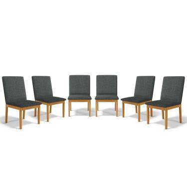 Imagem de Kit Com 6 Cadeiras Daniela Madeira Maciça Estofada Para Mesa De Jantar Linho Chumbo 406