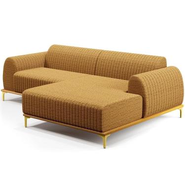 Imagem de Sofá 5 Lugares Chaise Direito Sala Molino 320cm D02 Pés de ouro Prime Bouclê Mostarda Pb-03