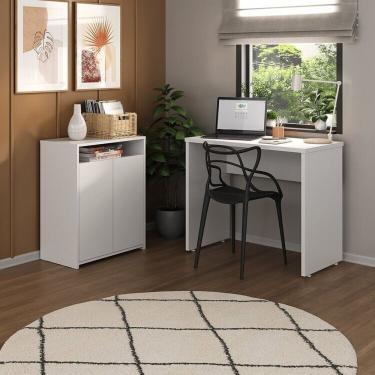Imagem de Kit 2 Peças Com Escrivaninha Minimalista E Compacta Mary E Balcão Multiuso 2 Portas Com Nicho Cool Branco
