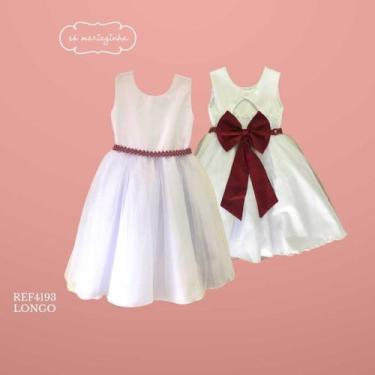 Imagem de Vestido Infantil Longo Branco com Tule e Cinto Vermelho Marsala Daminh