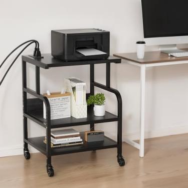 Imagem de URLINE Suporte Grande Para Impressora Com Prateleiras De Madeira 3 Níveis - Organizador Mesa Multiuso Scanner, Fax, Uso Em Casa E Escritório Rodas (Preto Azeviche)