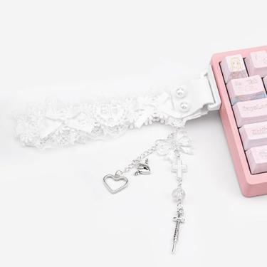 Imagem de COOMICKEY Alça de teclado personalizada faça você mesmo, lindas tiras de encaixe nas costas de renda branca com berloque compatível com todos os teclados mecânicos ATK68 feito com 68 teclados