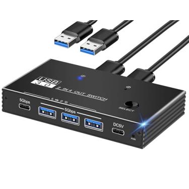 Imagem de BieiFAU Comutador USB 3.0, 2 computadores que compartilham dispositivos USB C e A, teclado e mouse com 4 portas, scanner/impressora com 2 cabos USB-A para A