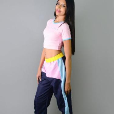 Imagem de Conjunto Cropped BABE e Calça Tricolor Azul Amarela e Rosa Gringa - lu