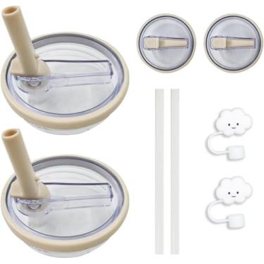 Imagem de Pacote com 2 tampas de copo de substituição de 1,134 g para Stanley Quencher, tampas de copo à prova de respingos resistentes a respingos com 2 lindas capas de canudo em forma de nuvem e 2 canudos