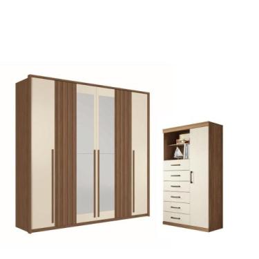 Imagem de Kit Roupeiro 6 Portas Espelho e Cômoda Eric Jatoba Areia - CASA H