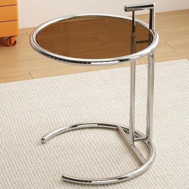 Imagem de Mesa lateral de sofá em forma de C, mesa de canto transparente de vidro temperado, mesa redonda de altura ajustável, mesa de laptop para quarto, sala de estar, escritório, marrom
