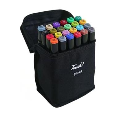 Imagem de Kit Conjunto Marcadores Ponta Dupla 24 Cores Vibrantes com Estojo – Ponta Fina e Ponta Pincel – Ideal para Desenho, Lettering, Bullet Journal, Scrapbooking, Mangá