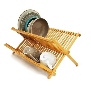 Imagem de Escorredor de Pratos Dobrável em Bambu, Suporte de Pratos de Madeira Natural Com 14 Divisórias