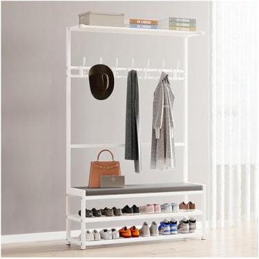Imagem de Banco De Entrada Com Cabideiro, Árvore De Hall 4 Em 1 Com Banco De Armazenamento De Almofada Macia, Cabideiro E Cabideiro Independente, Organizador De Casa Multifuncional, White, 90x26x160CM