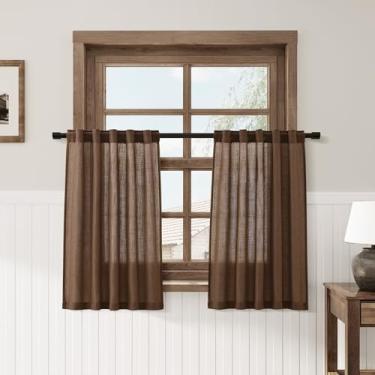Imagem de Cortinas de cozinha retrô de linho, 61 cm, algodão, linho, mistura de luz, filtragem, camada curta, com aba traseira com bolso para varão, para janelas pequenas, café, banheiro, vintage, caramelo