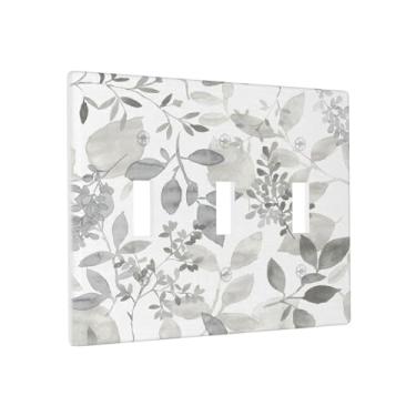 Imagem de Placa de parede com interruptor de luz tripla de folha de eucalipto cinza alto 3 gangues decorativa cinza e branco placa frontal elétrica floral moderna decorativa botânica casa sala de estar