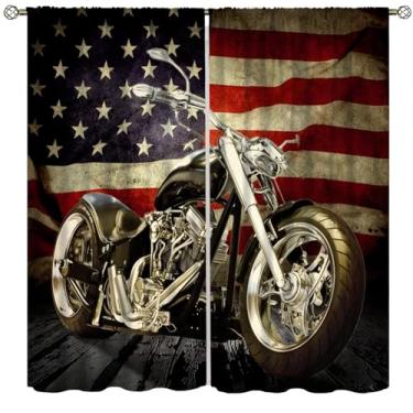 Imagem de Cortinas retrô de motocicleta para homens caverna, bandeira dos EUA vintage estilo patriótico motociclista motociclista decoração tratamentos de janela, cortinas blackout com bolso de haste para
