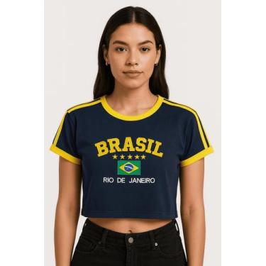 Imagem de Cropped Brasil Bordada Feminina - ToJoia18k, Azul escuro, G