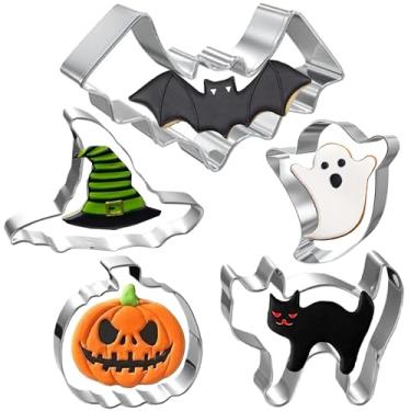 Imagem de Conjunto de cortadores de biscoito de Halloween grande - chapeu de bruxa, abobora, fantasma, morcego e gato cortador de aco inoxidavel